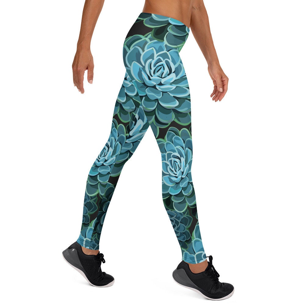 Blue Stylized Succulent Print Leggings - Teal Nature Pant - Floral Printed Legging - Flower Bottoms