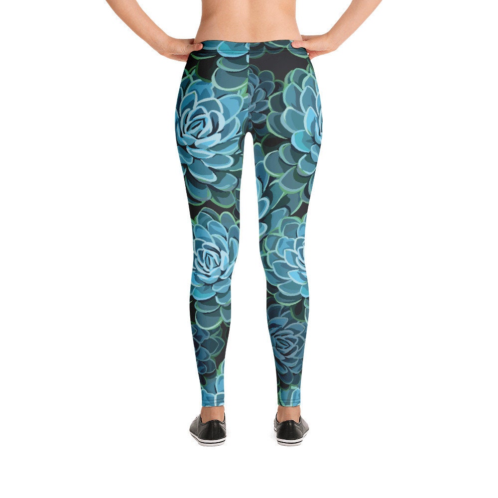 Blue Stylized Succulent Print Leggings - Teal Nature Pant - Floral Printed Legging - Flower Bottoms