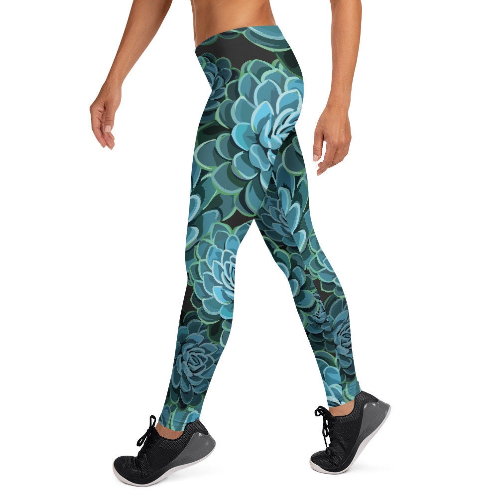 Blue Stylized Succulent Print Leggings - Teal Nature Pant - Floral Printed Legging - Flower Bottoms