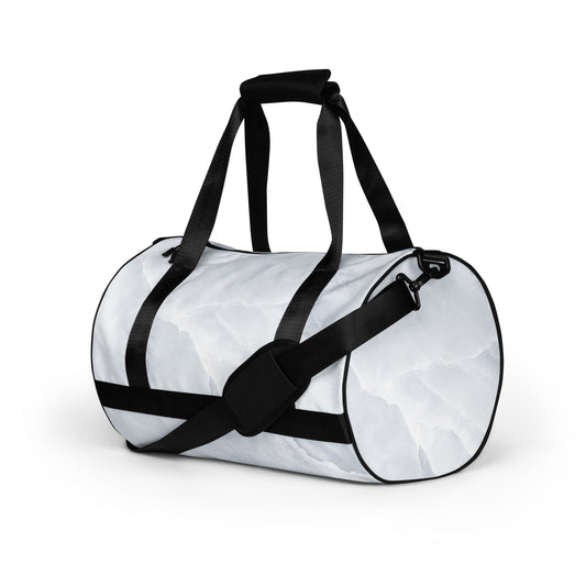 White Marble Print Sports Duffle - Stone Design Work out Gym Bag - All Over Printed Round Carrier