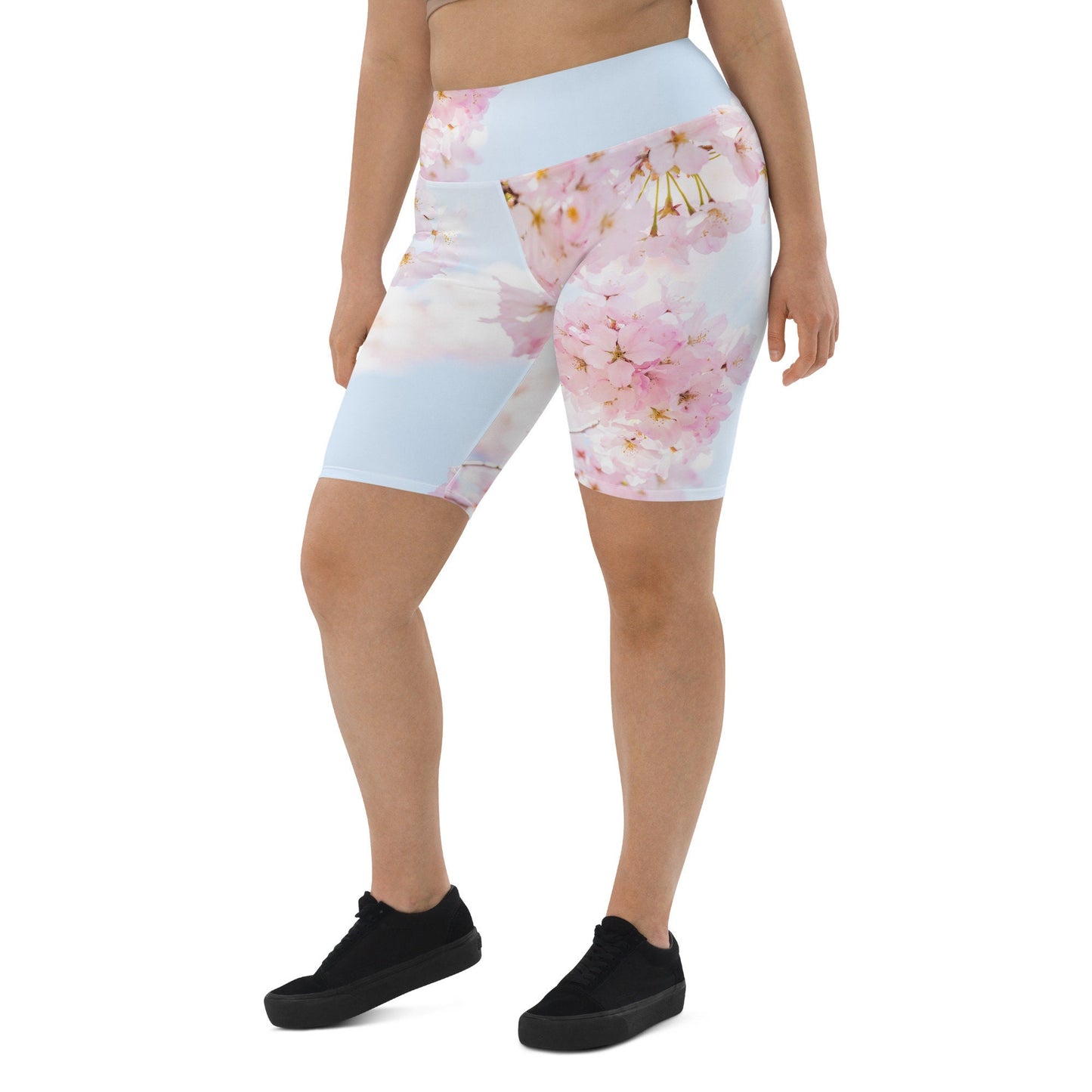 Cherry Blossom Print Biker Shorts - Floral Design Work out Short