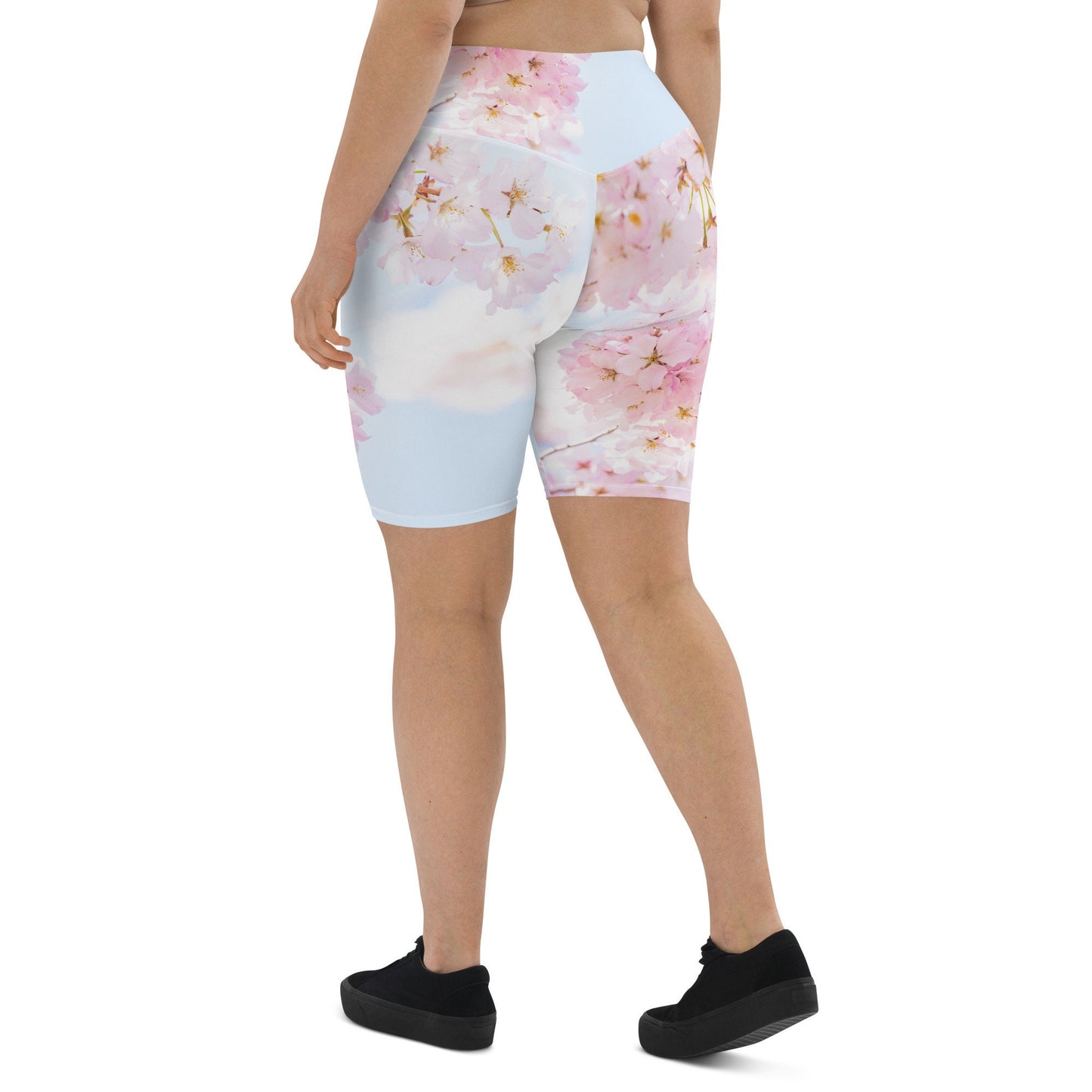 Cherry Blossom Print Biker Shorts - Floral Design Work out Short