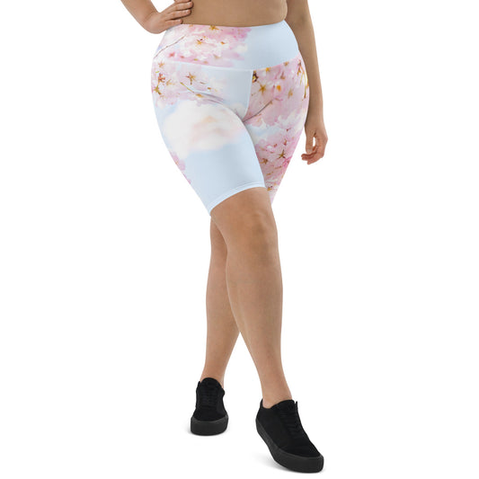 Cherry Blossom Print Biker Shorts - Floral Design Work out Short