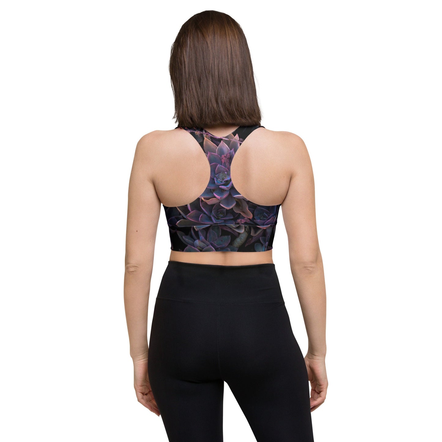 Purple Succulent Print Longline sports bra - Floral Design Work out Sporting