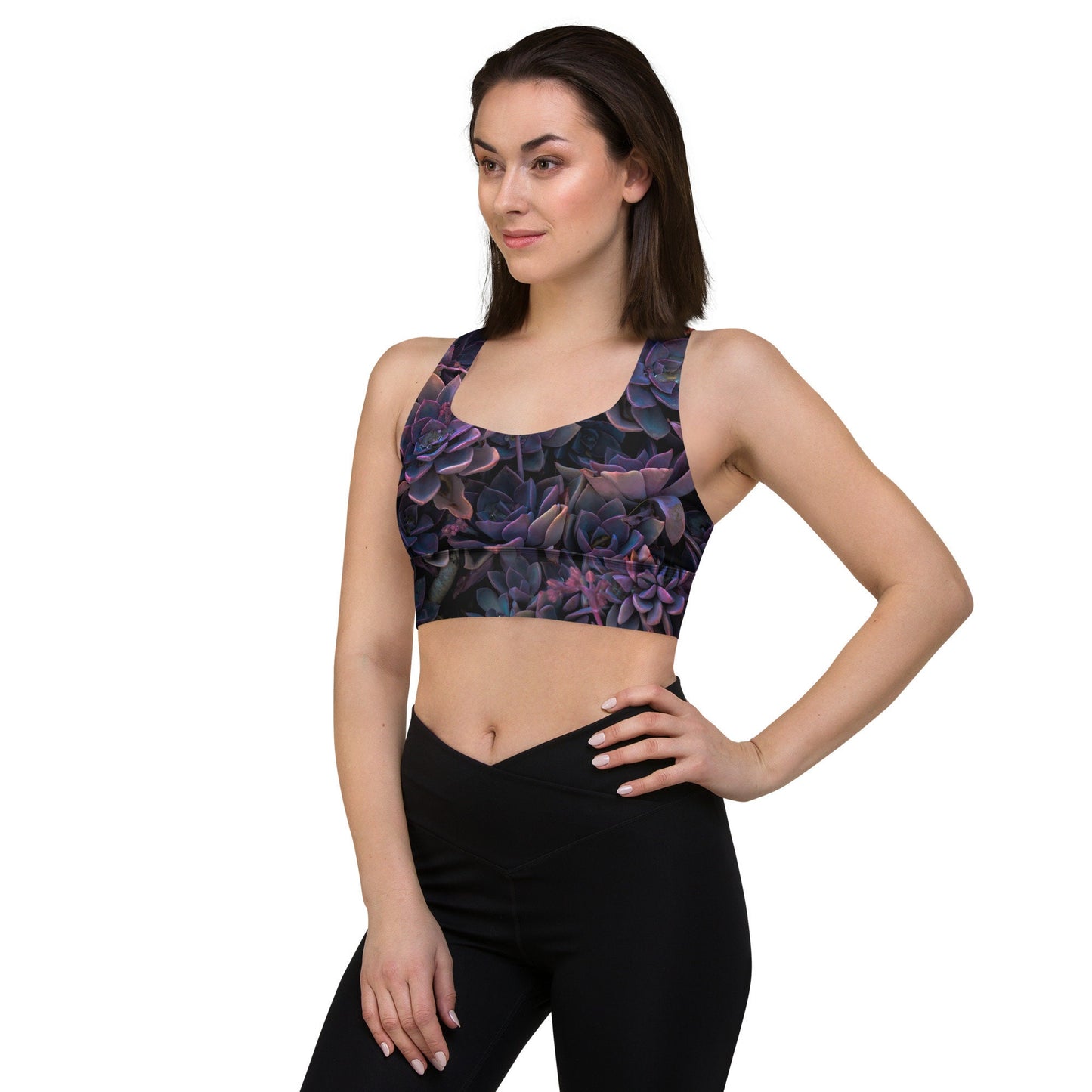 Purple Succulent Print Longline sports bra - Floral Design Work out Sporting