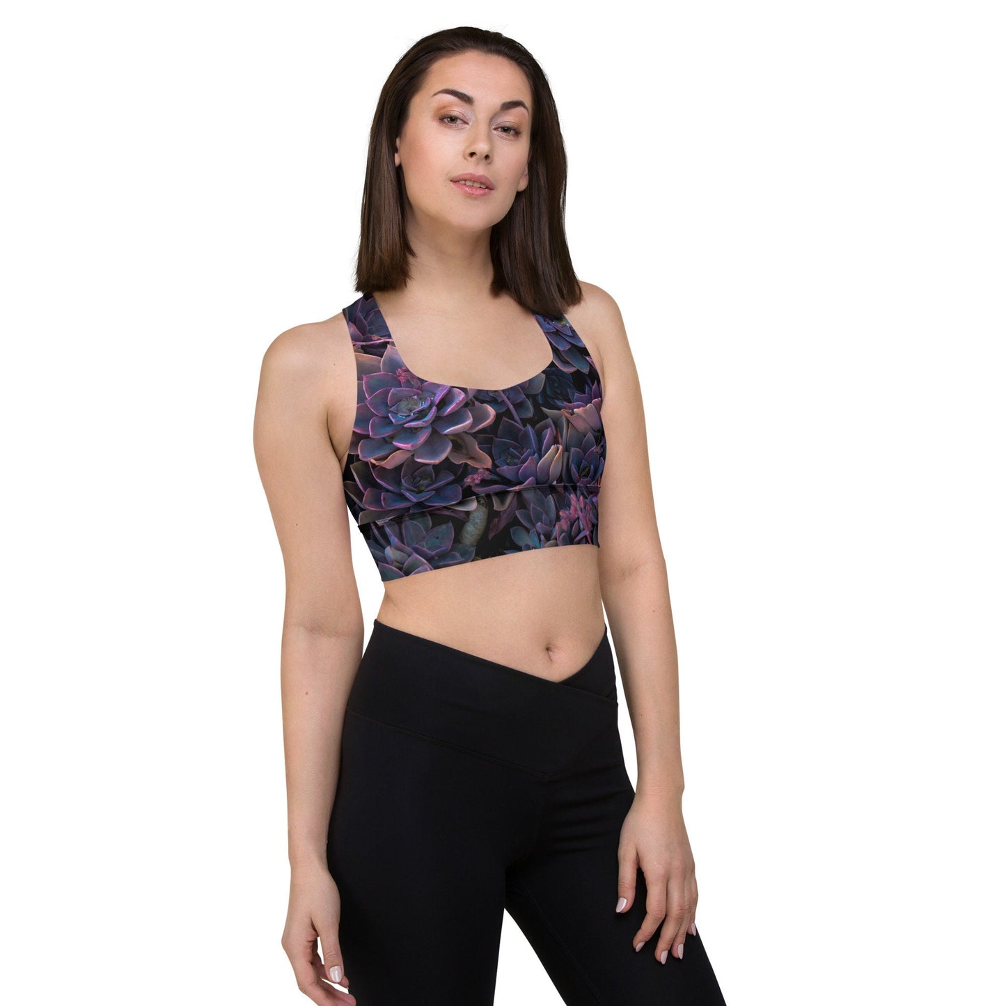 Purple Succulent Print Longline sports bra - Floral Design Work out Sporting