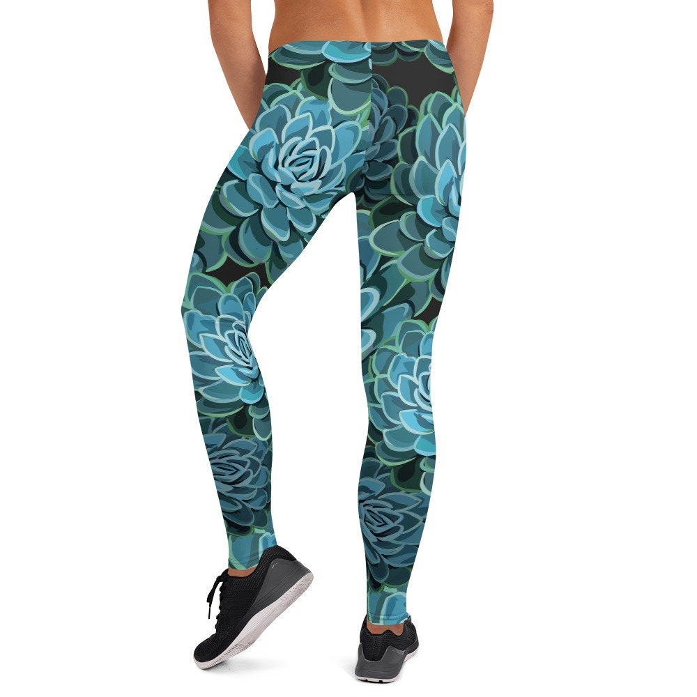 Blue Stylized Succulent Print Leggings - Teal Nature Pant - Floral Printed Legging - Flower Bottoms