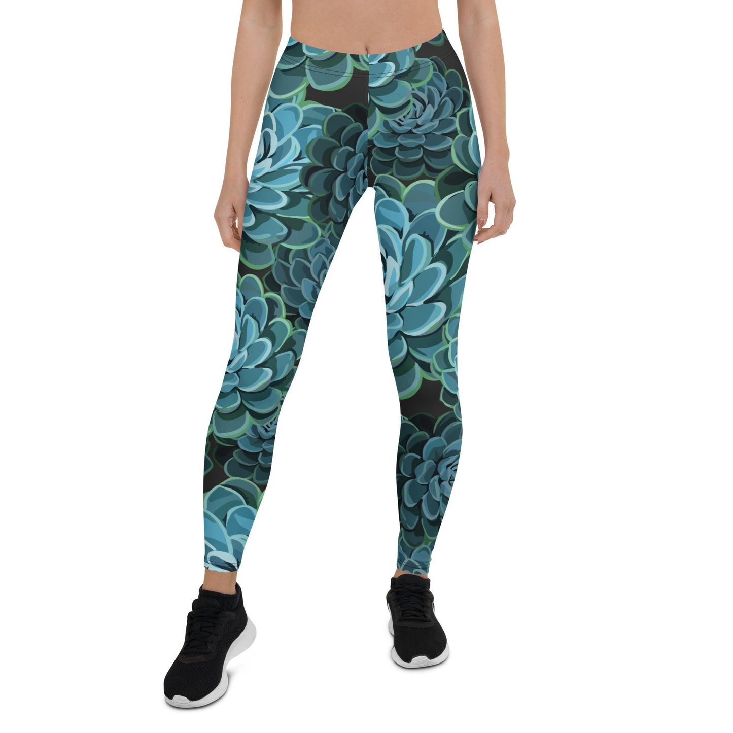 Blue Stylized Succulent Print Leggings - Teal Nature Pant - Floral Printed Legging - Flower Bottoms