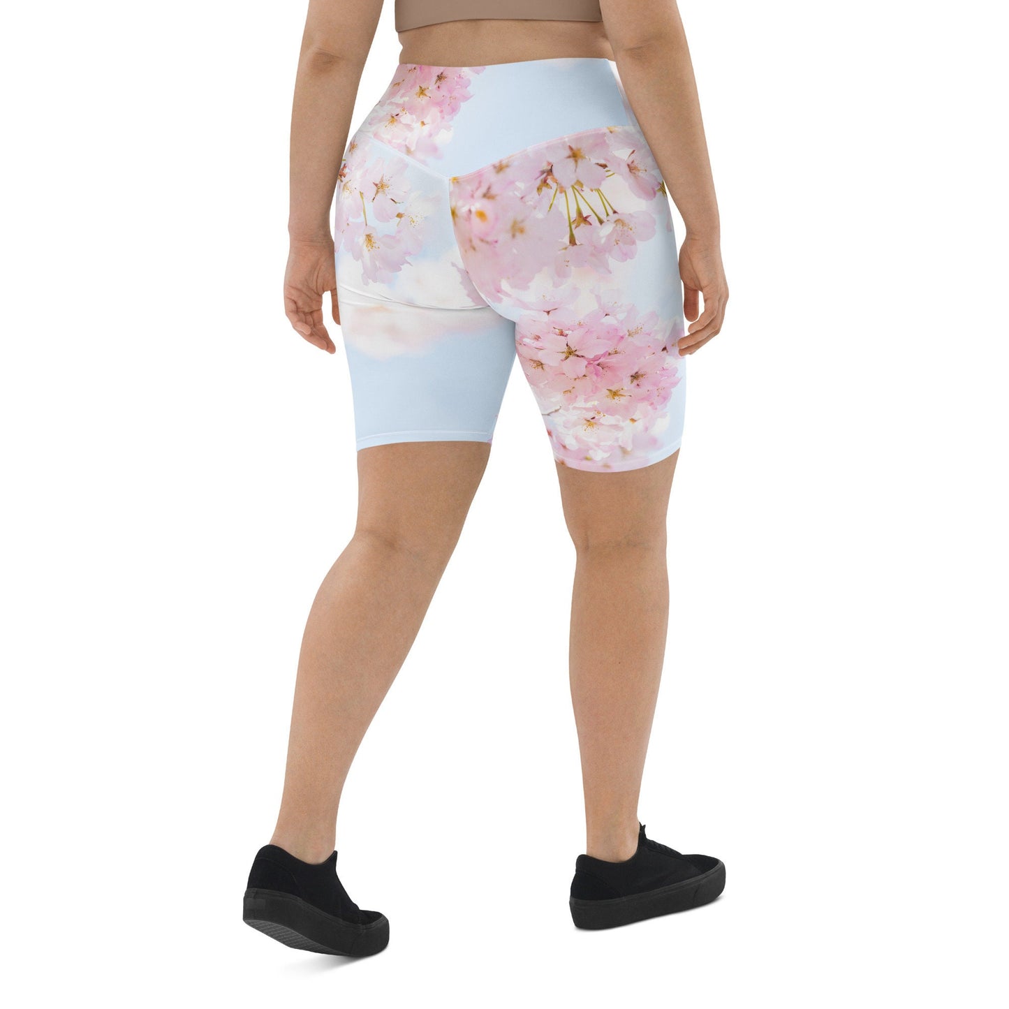 Cherry Blossom Print Biker Shorts - Floral Design Work out Short