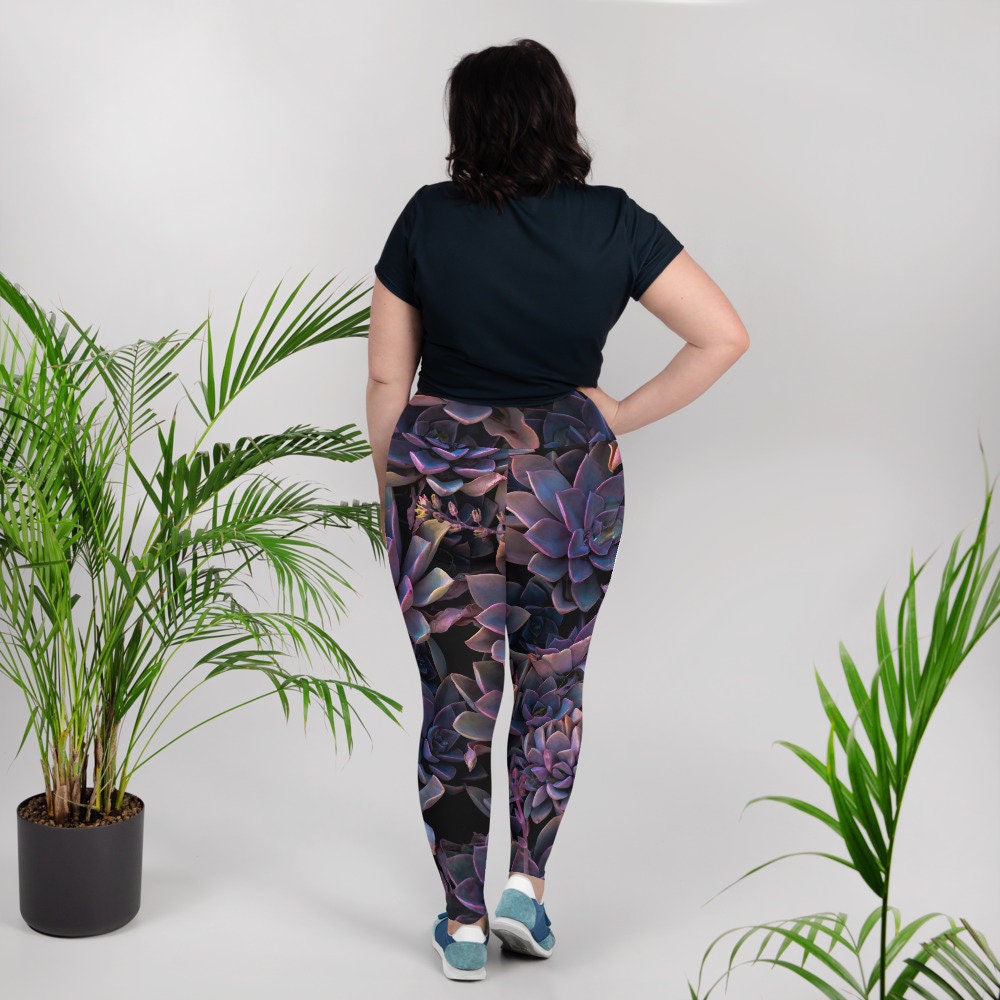 Purple Succulent Print Plus Sized Sports Leggings - Stone Design Work out Pants