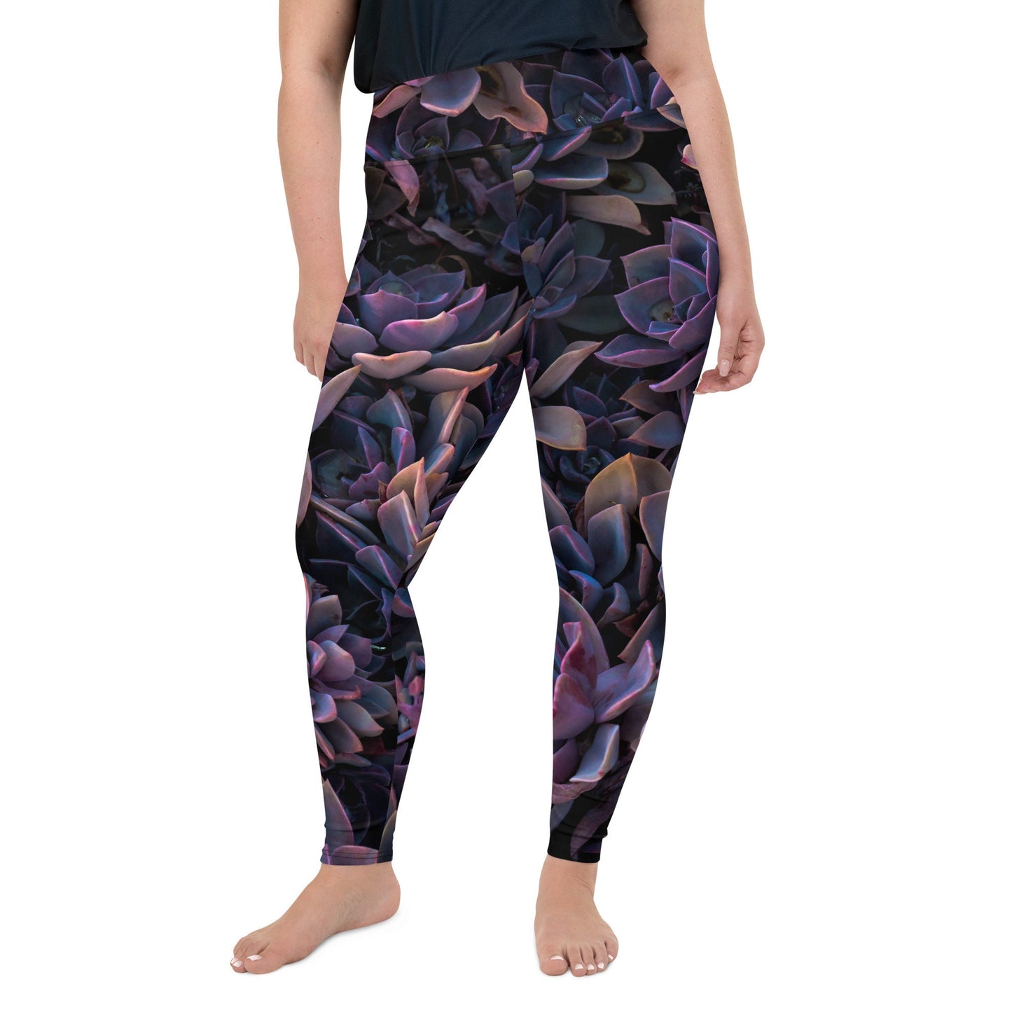 Purple Succulent Print Plus Sized Sports Leggings - Stone Design Work out Pants