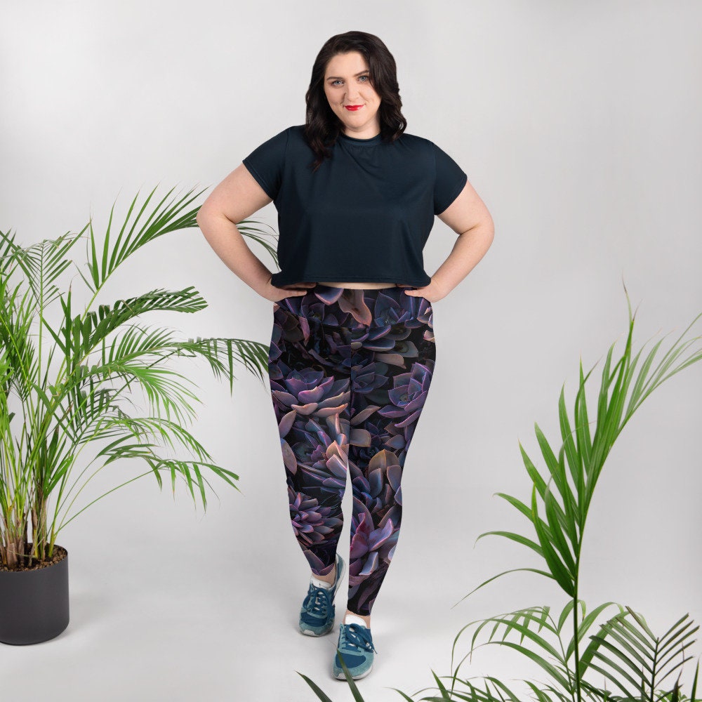 Purple Succulent Print Plus Sized Sports Leggings - Stone Design Work out Pants