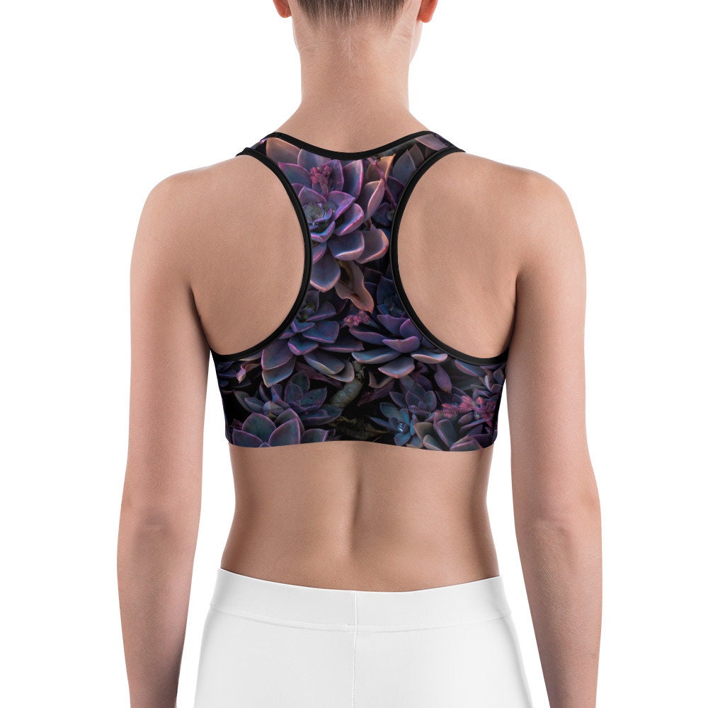 Purple Succulent Print Sports Bra - Floral Design Sporting