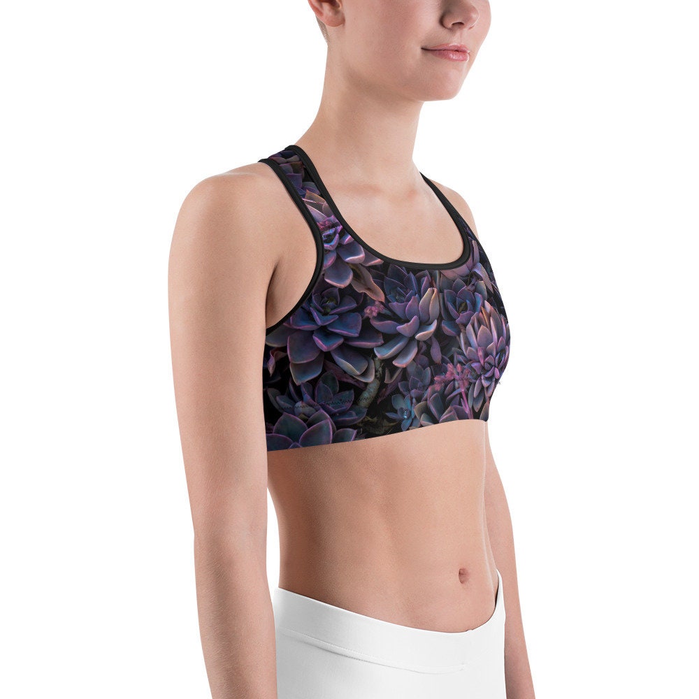 Purple Succulent Print Sports Bra - Floral Design Sporting