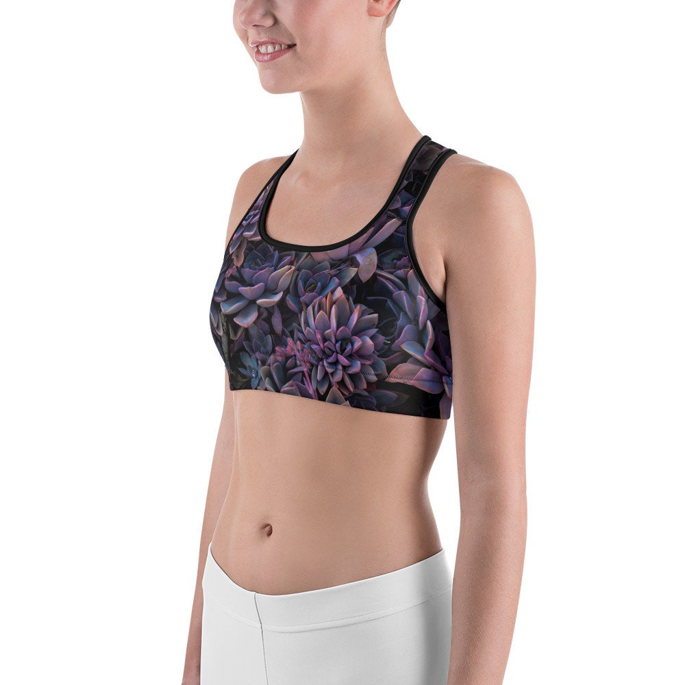 Purple Succulent Print Sports Bra - Floral Design Sporting