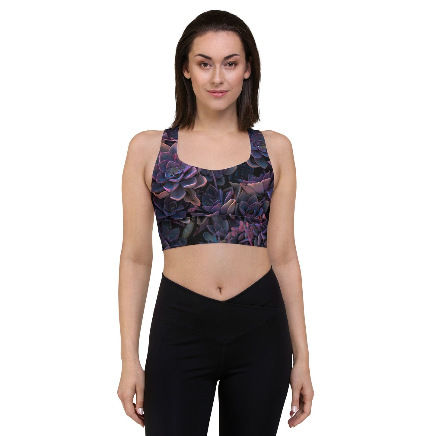 Purple Succulent Print Longline sports bra - Floral Design Work out Sporting