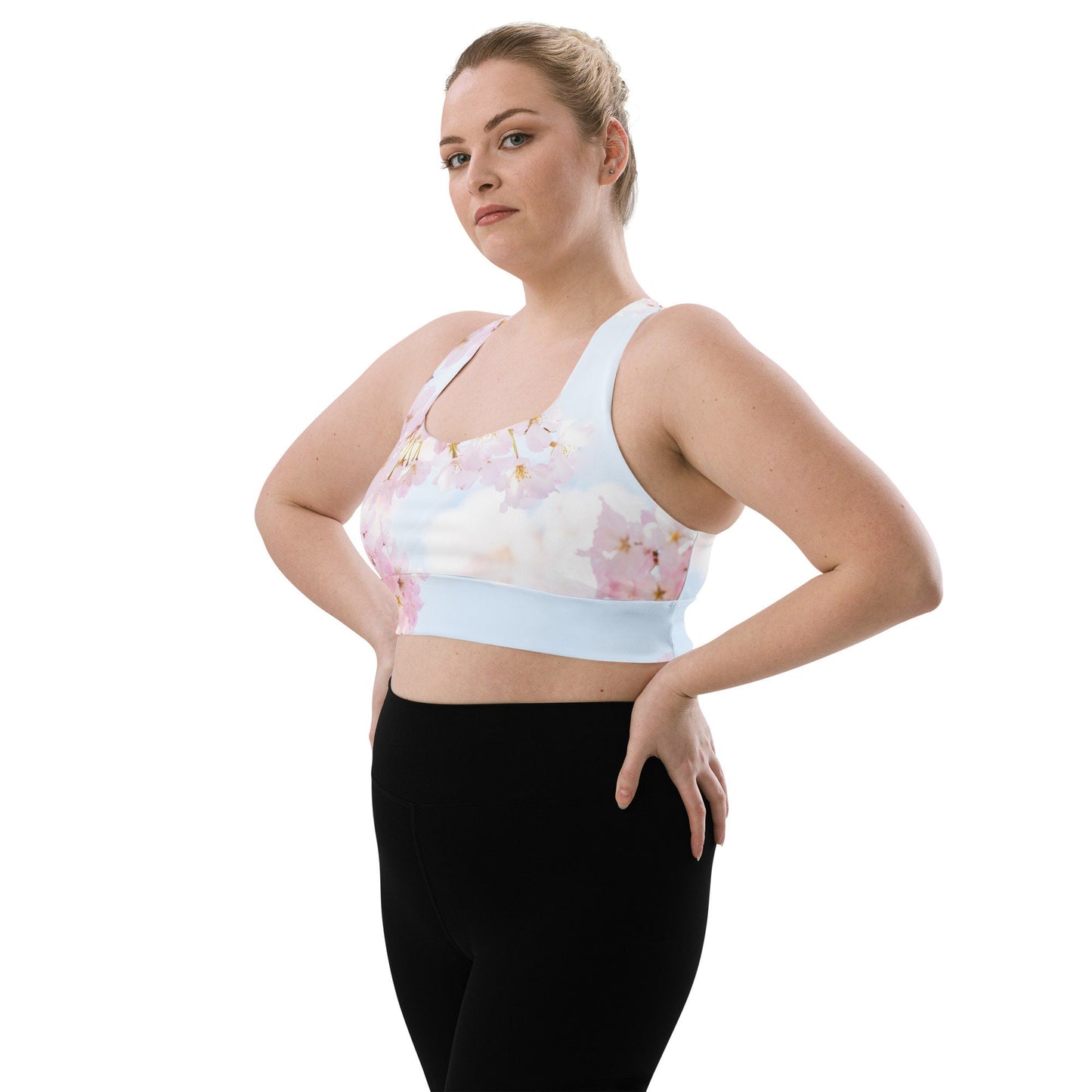 Pink Cherry Blossom Longline High Impact Sports Bra - Pink Floral Print Plus Size Sports Bra - Fashion Activewear Women's Yoga Bra for Women