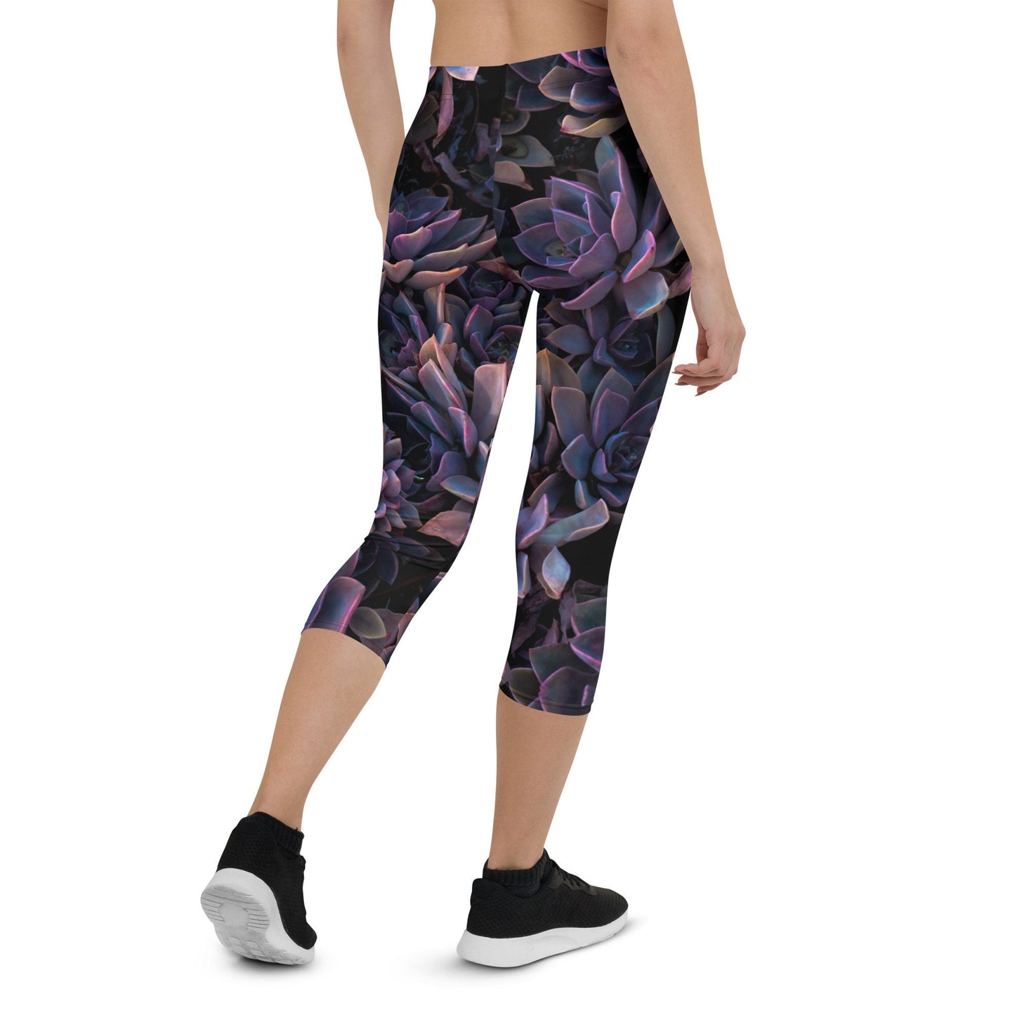 Purple Floral Print Capri Yoga Pants - Ladies Succulent Capri Stretch Pants - Purple Plant Workout Leggings for Women - Violet Yoga Leggings