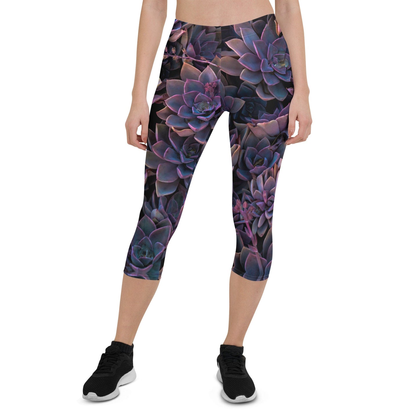 Purple Floral Print Capri Yoga Pants - Ladies Succulent Capri Stretch Pants - Purple Plant Workout Leggings for Women - Violet Yoga Leggings