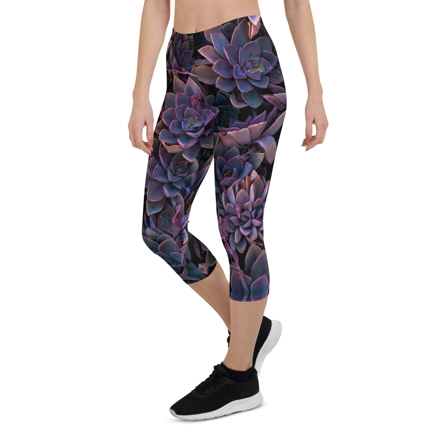 Purple Floral Print Capri Yoga Pants - Ladies Succulent Capri Stretch Pants - Purple Plant Workout Leggings for Women - Violet Yoga Leggings