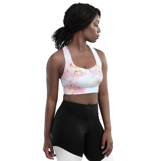 Pink Cherry Blossom Longline High Impact Sports Bra - Pink Floral Print Plus Size Sports Bra - Fashion Activewear Women's Yoga Bra for Women