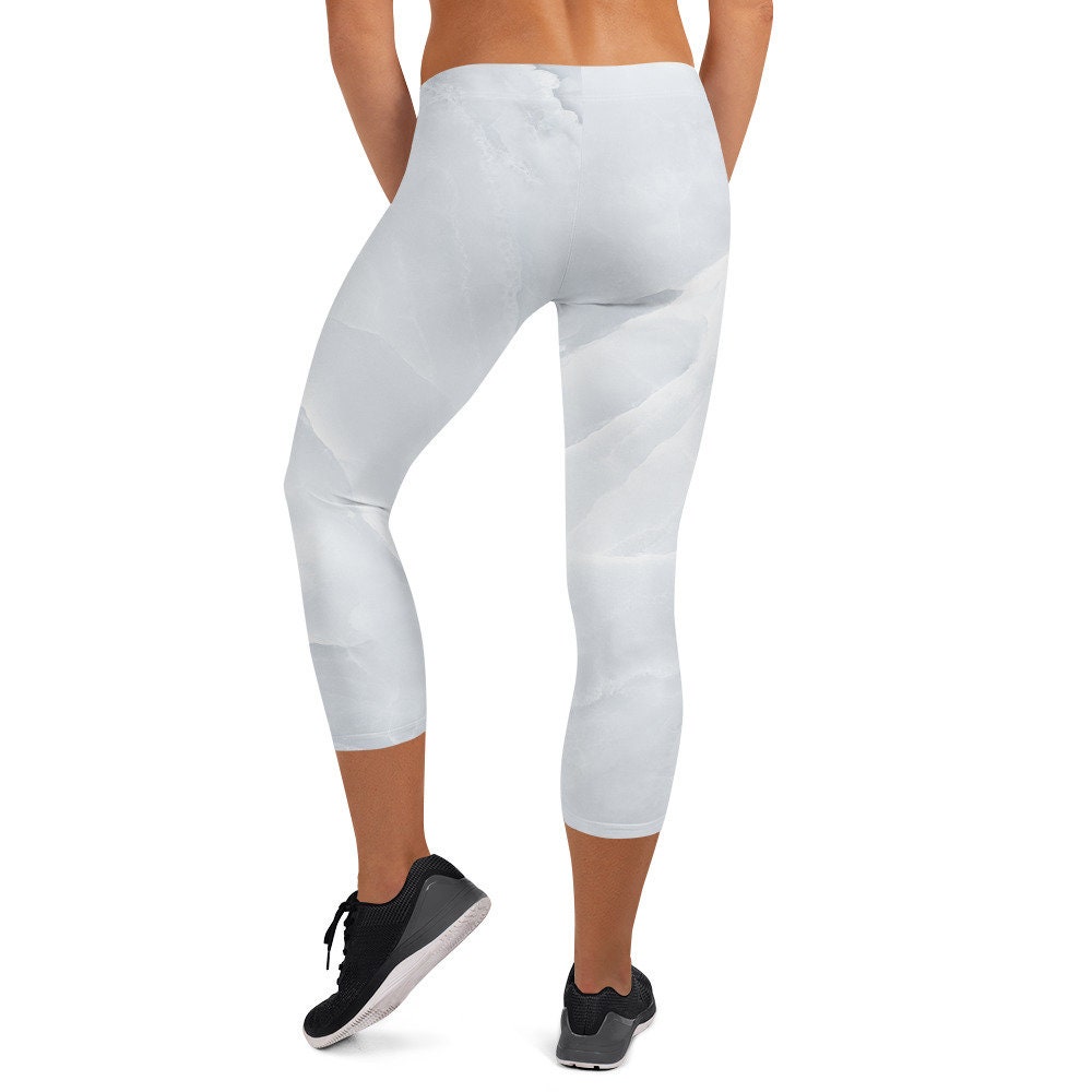 White Stone Marble Capri Yoga Pants - Ladies White Marble Fitness Apparel - Elegant White Leggings for Women - Cute Printed Workout Leggings