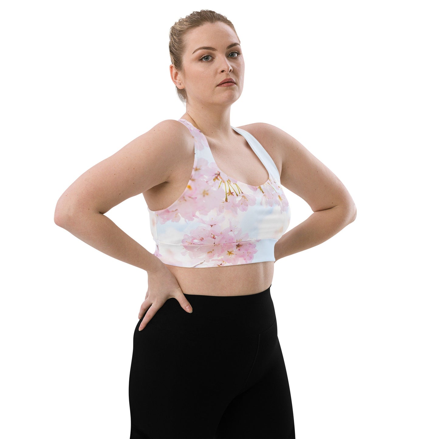 Pink Cherry Blossom Longline High Impact Sports Bra - Pink Floral Print Plus Size Sports Bra - Fashion Activewear Women's Yoga Bra for Women