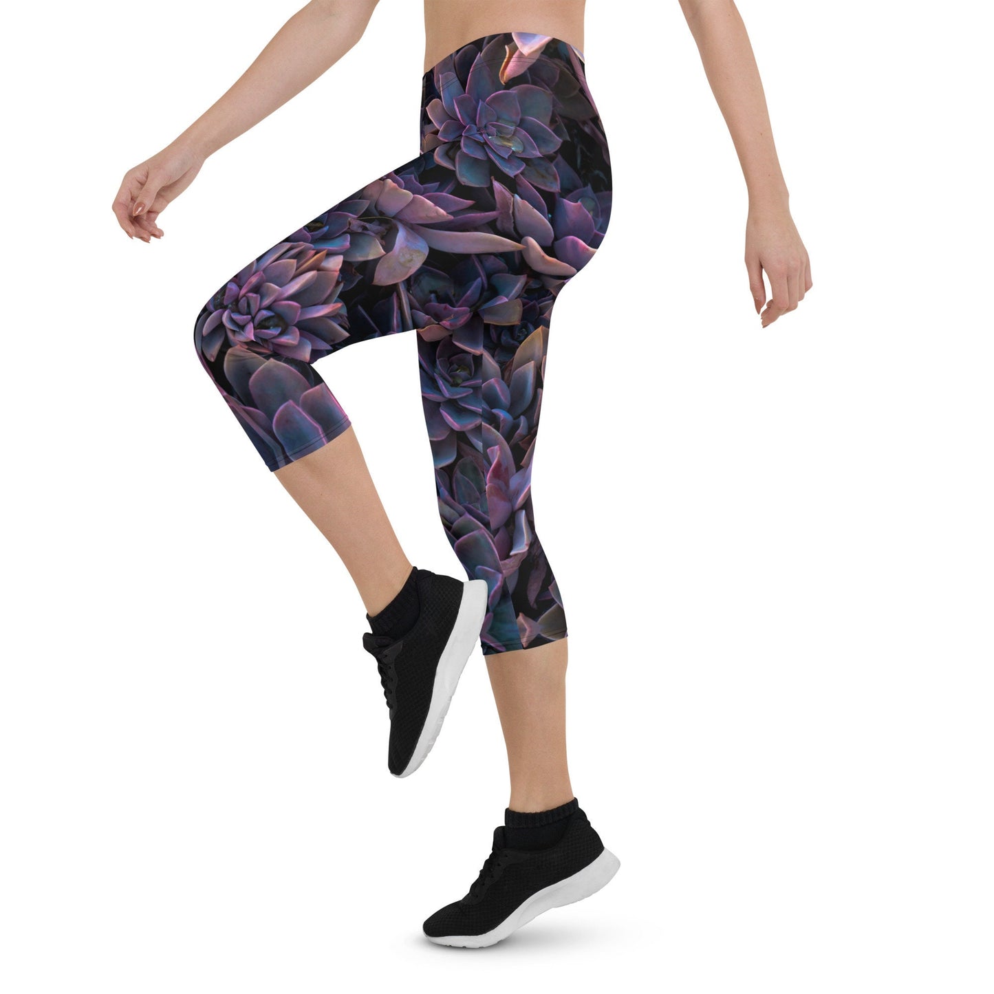 Purple Floral Print Capri Yoga Pants - Ladies Succulent Capri Stretch Pants - Purple Plant Workout Leggings for Women - Violet Yoga Leggings